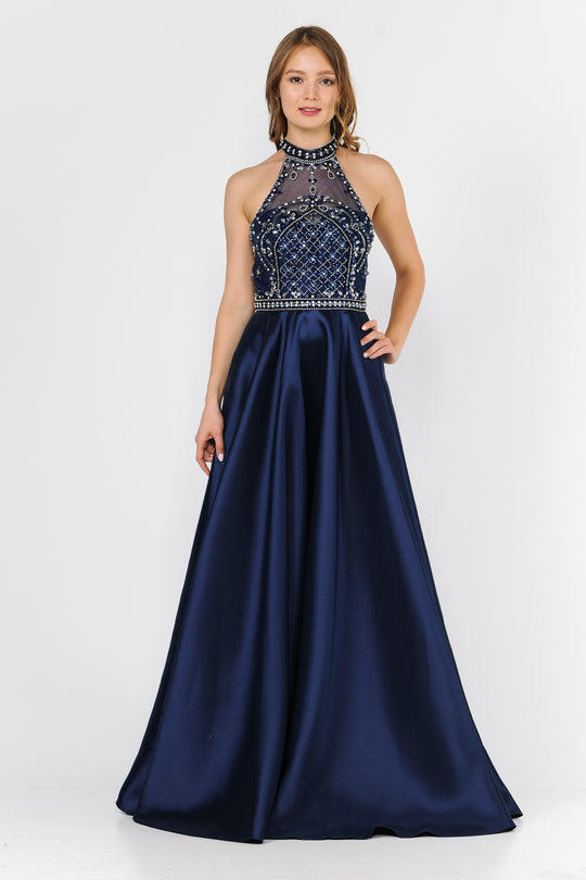 Poly USA 8344 - Beaded Halter A-Line Evening Dress