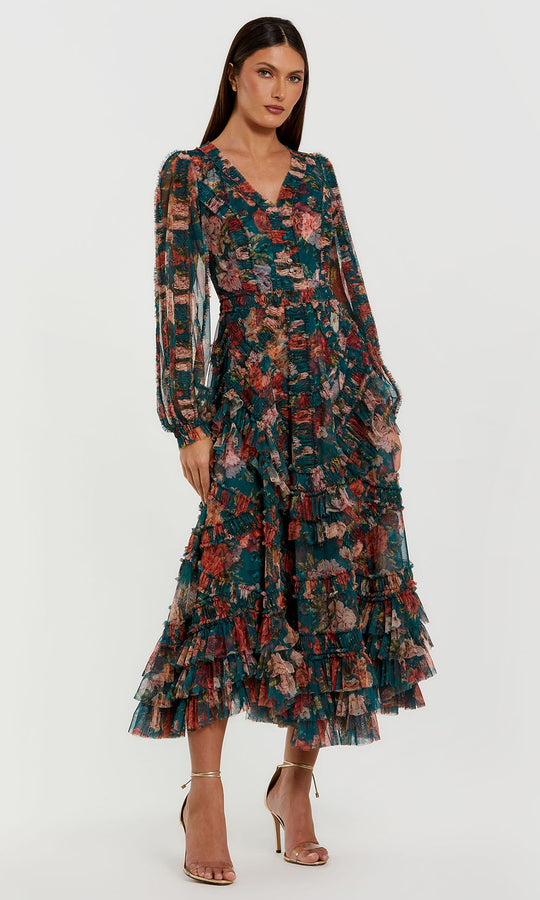 Mac Duggal 8348 - Floral Ruffled Tea-Length Dress