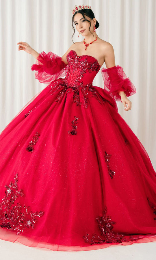 Cinderella Couture 8380J - Puff Sleeve Shimmering Applique Ballgown