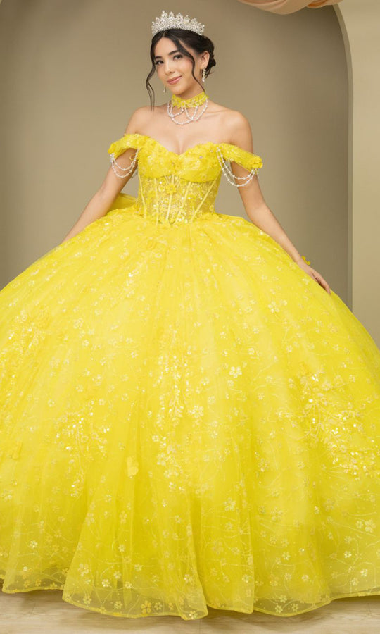 Cinderella Couture 8415JQ - Pearl-Draped Off Shoulder Sleeve Ballgown
