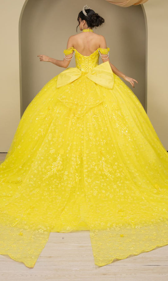 Cinderella Couture 8415JQ - Pearl-Draped Off Shoulder Sleeve Ballgown
