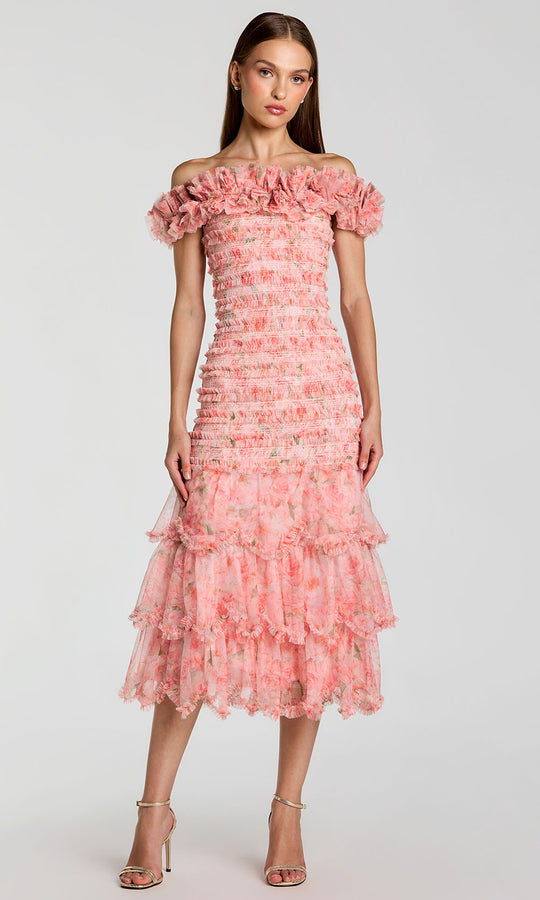Mac Duggal 8432 - Ruffled Neckline Floral Tea-Length Dress