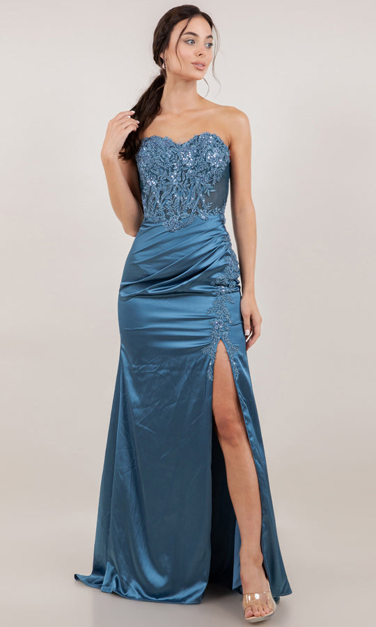 Cinderella Couture 8453J - Embroidered Floral Satin Ruched Prom Gown