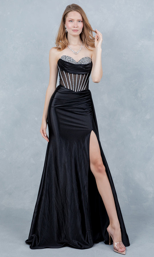 Cinderella Couture 8454J - Strapless Ruched Satin Gown with Sash Train