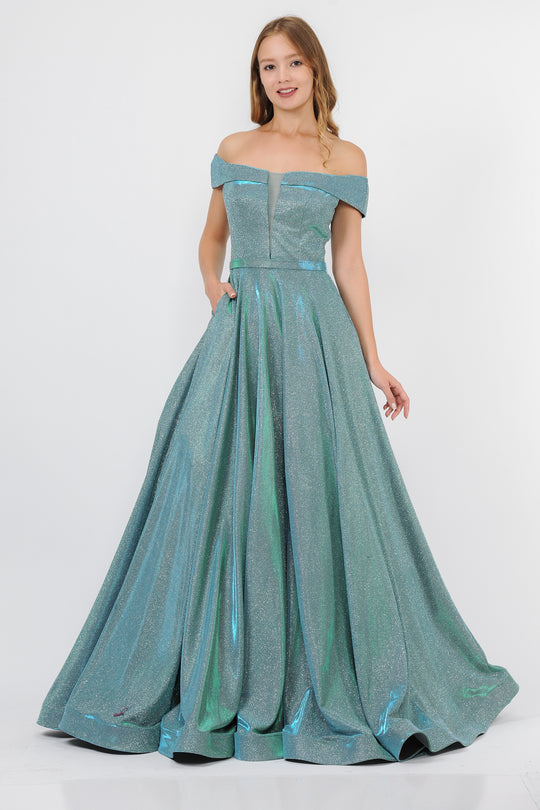 Poly USA 8464 - Off Shoulder Glitter Knit A-Line Dress