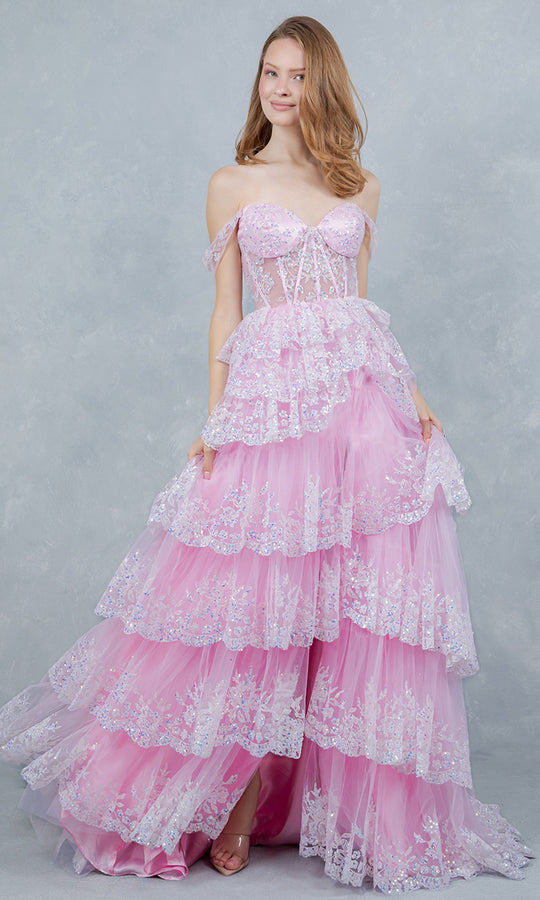 Cinderella Couture 8499J - Tiered A-Line Prom Gown with Sequin Lace