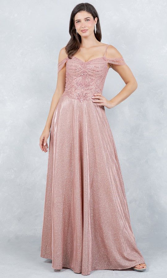 Cinderella Couture 8581J - Shimmer Satin Cold Shoulder A-Line Gown