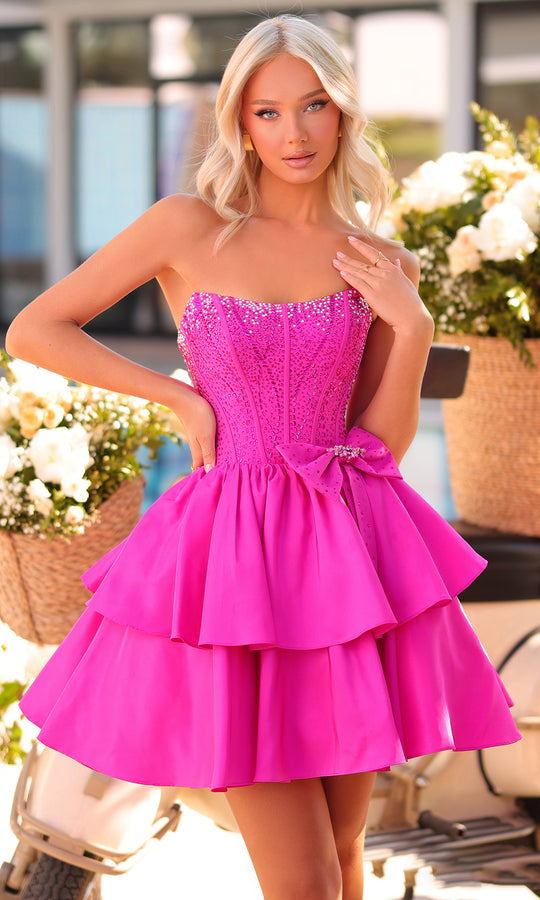 Amarra 88912 - Tiered Skirt Satin Cocktail Dress with Bow Cocktail Dresses