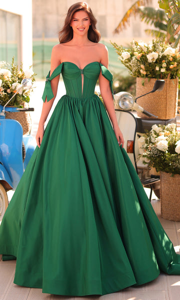 emerald green dress for wedding guest Dark Green Mermaid Off-the-shoulder Appliques Prom Dress with High Slit main image 1