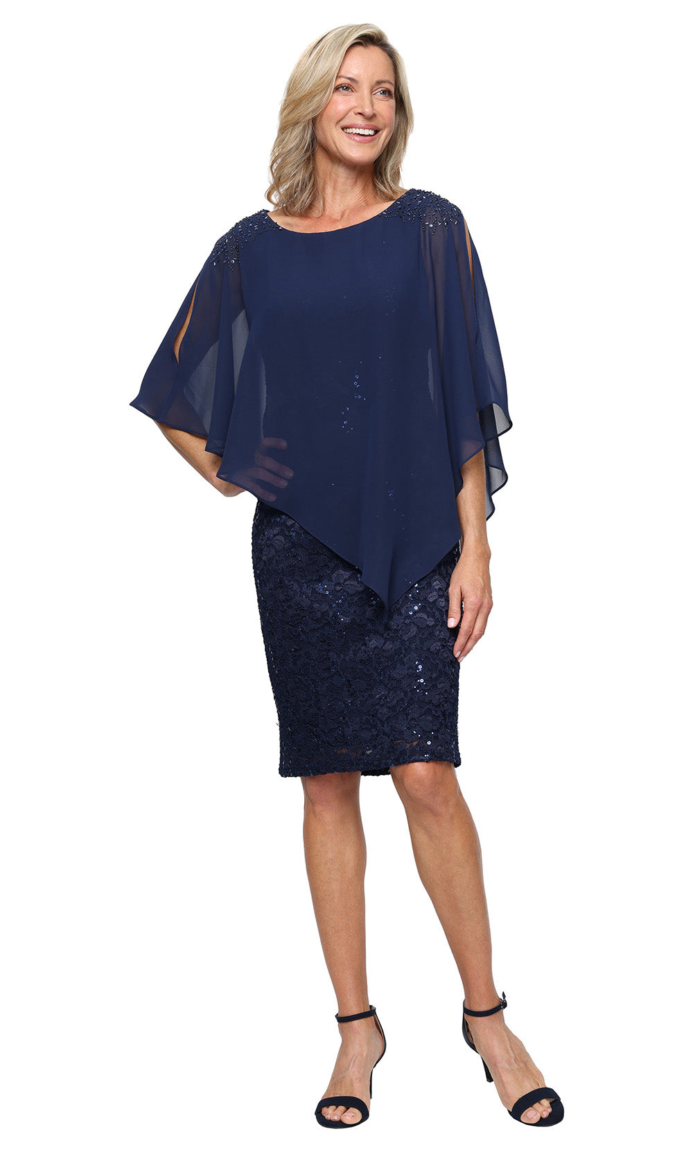 sl fashions lace dress Sl Fashions Petite Crewneck Asymmetric Overlay Sheath Dress - Light Blue