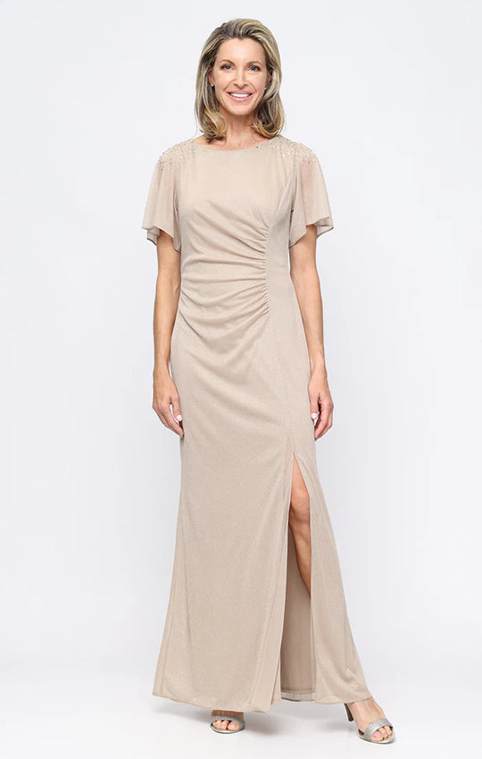 S.L. Fashions 9233233 - Glitter Mesh Sheath Gown with Beaded Shoulders