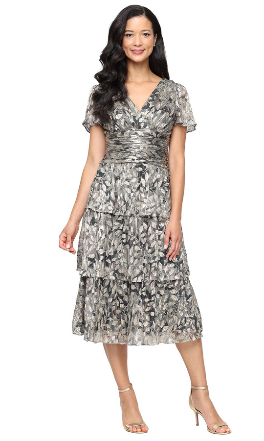 S.L. Fashions 9155268 - Tiered Leaf Print Tea-Length Dress
