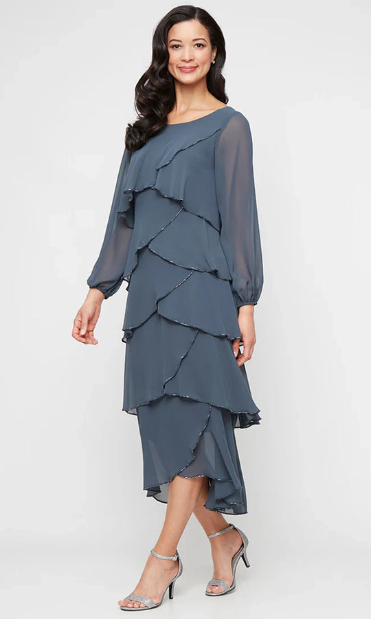 S.L. Fashions 9470731 - Tiered Beaded Trim Tea-Length Dress