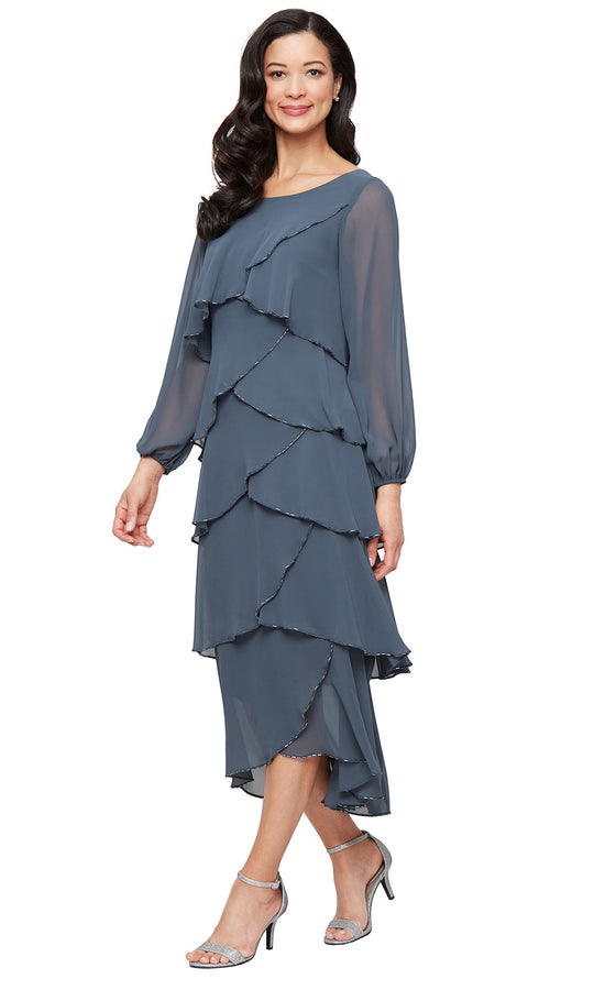 S.L. Fashions 9170731 - Tiered Tea-Length Dress with Beading