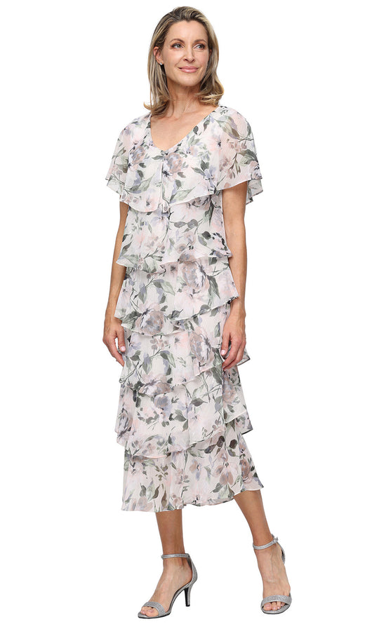 S.L. Fashions Dresses (SLNY) 9272136 - Tea-Length Printed V-Neck Dress