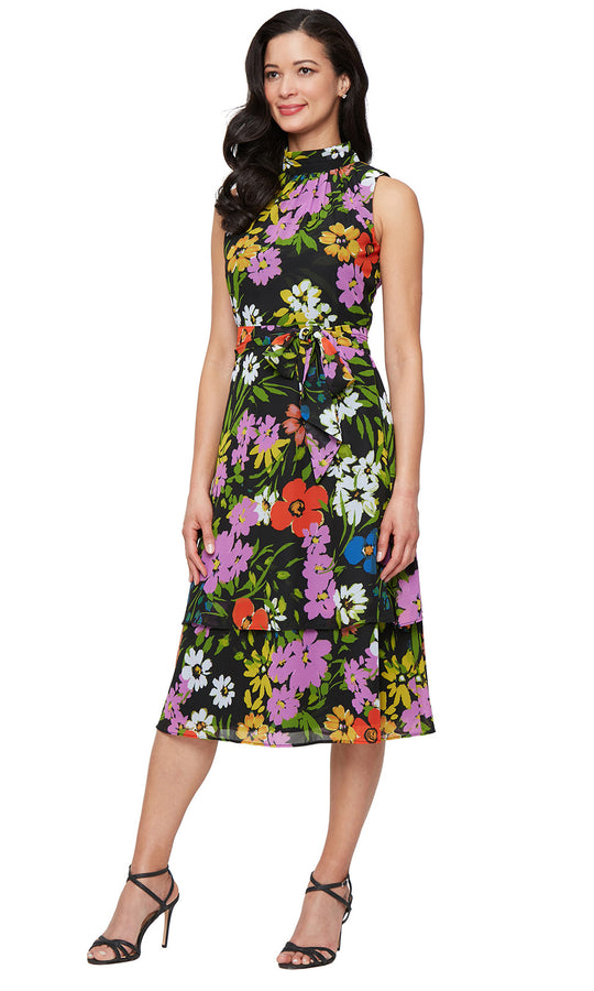 S.L. Fashions 9172140 - Floral Print Sleeveless Tea-Length Dress