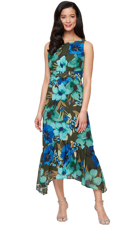 S.L. Fashions 9172142 - Sleeveless Floral Dress with Asymmetric Hem
