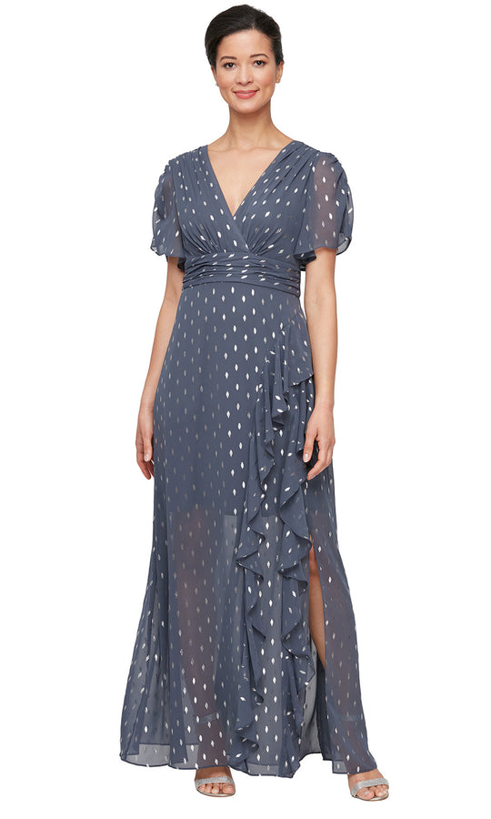 S.L. Fashions 9179469 - Puff Sleeve Cascading Ruffle A-line Dress