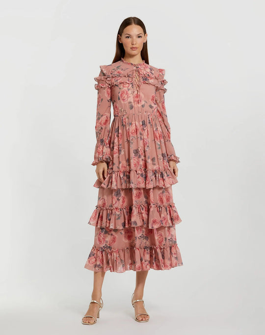 Mac Duggal 9306 - Long Sleeve Tiered Floral Tea-Length Dress