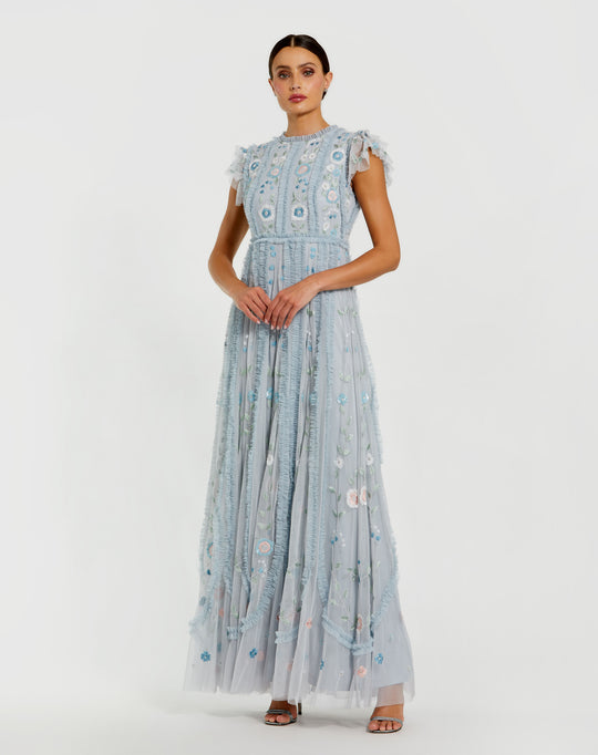 Mac Duggal 9366 - Flutter Sleeve Floral Ornate Evening Gown