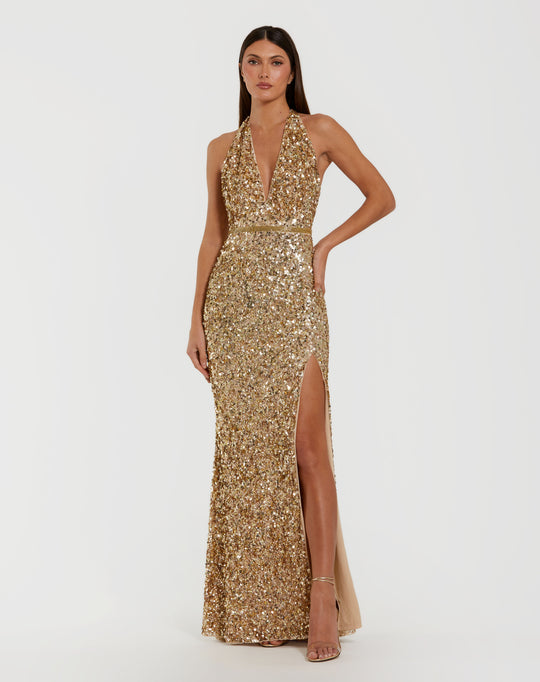 Mac Duggal 93745 - Sequined Halter Evening Gown with Slit