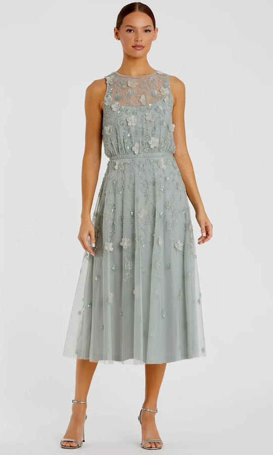 Mac Duggal 9380 - Illusion Jewel Floral Embellished Tea-Length Dress