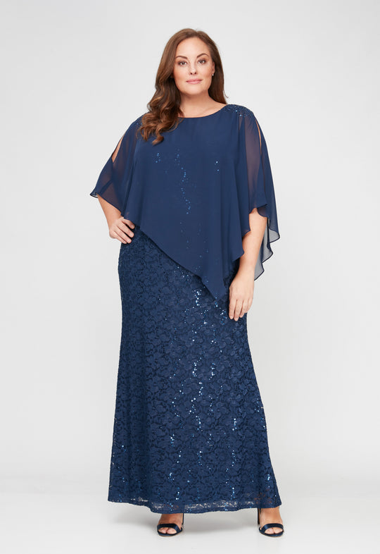 S.L. Fashions 9413121 - Sequin Floral Lace Evening Dress