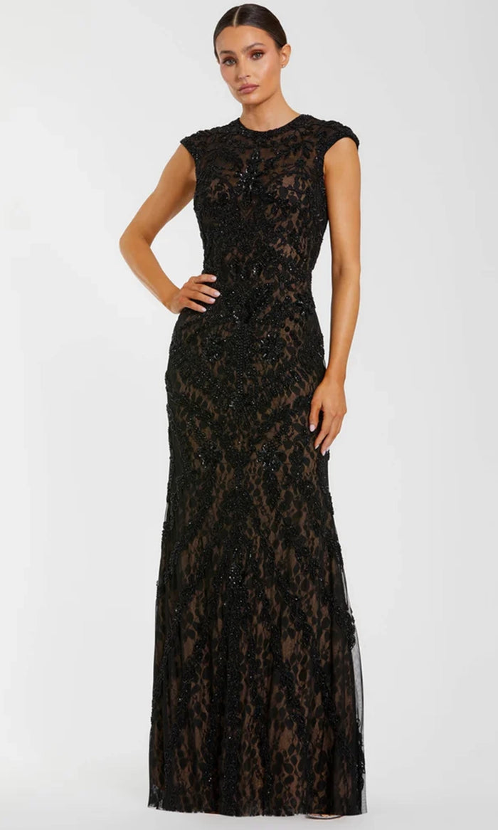 Mac Duggal Women's Beaded Lace Cap-Sleeve Column Gown - Black Beige