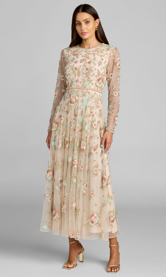 Mac Duggal 94336 - Floral Beadwork A-Line Tea-Length Dress