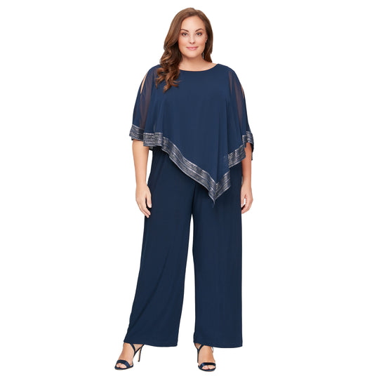 S.L. Fashions 9477331 - Metallic Trim Cape Jumpsuit