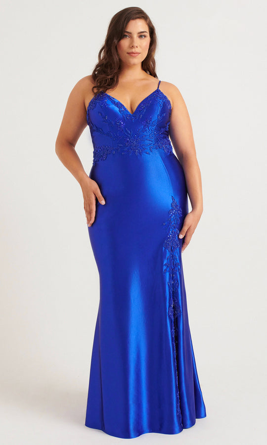 Faviana 9562 - Applique Detailing V-Neck Satin Dress