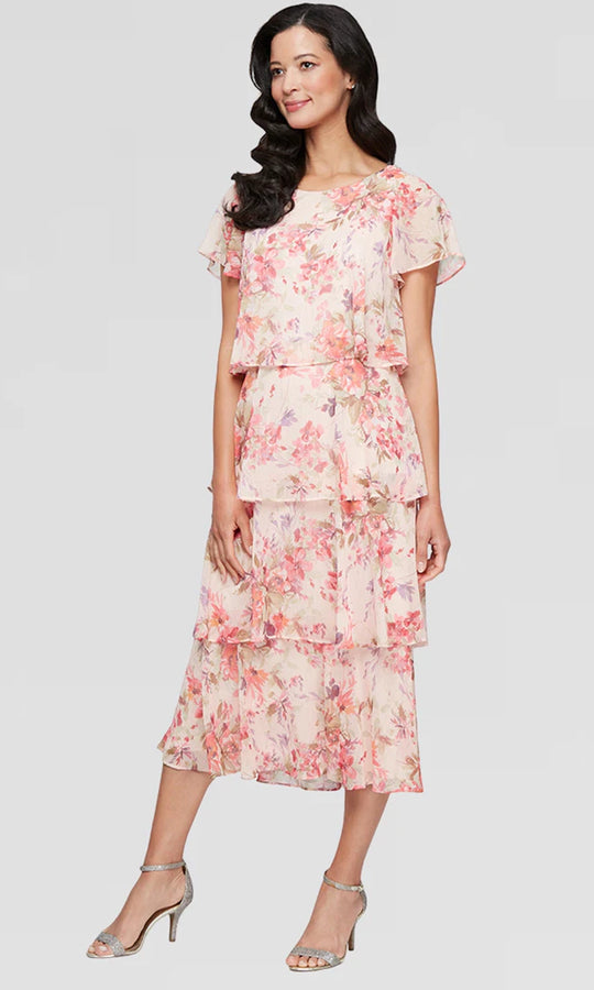 S.L. Fashions Dresses (SLNY) 9172116 - Floral Tea-Length Tiered Dress