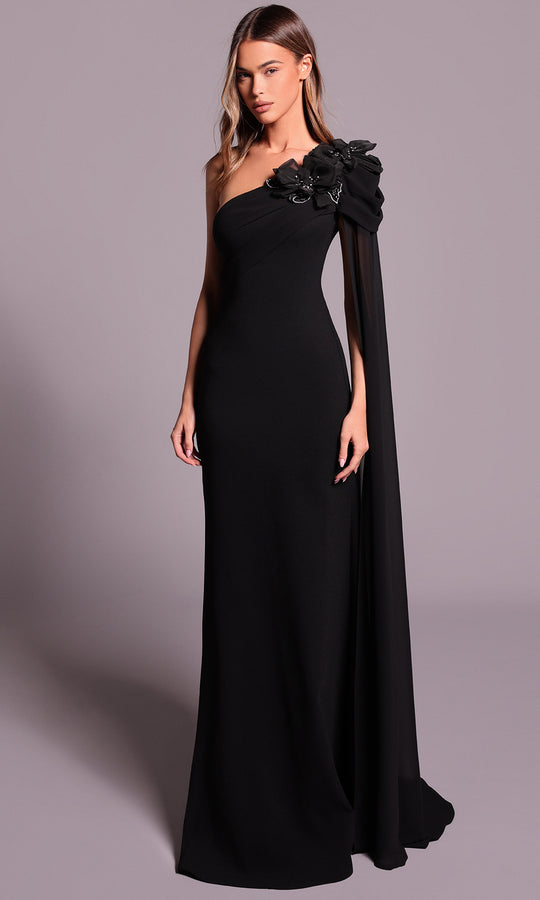 Tarik Ediz 99013 - One Shoulder Cape Sleeve Evening Dress