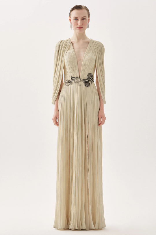 Tarik Ediz 99031 - Draped Cape Sleeve Crushed Chiffon Dress