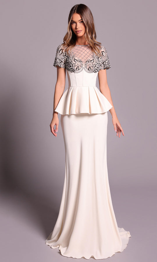 Tarik Ediz 99034 - Pleated Peplum Jewel Neckline Dress