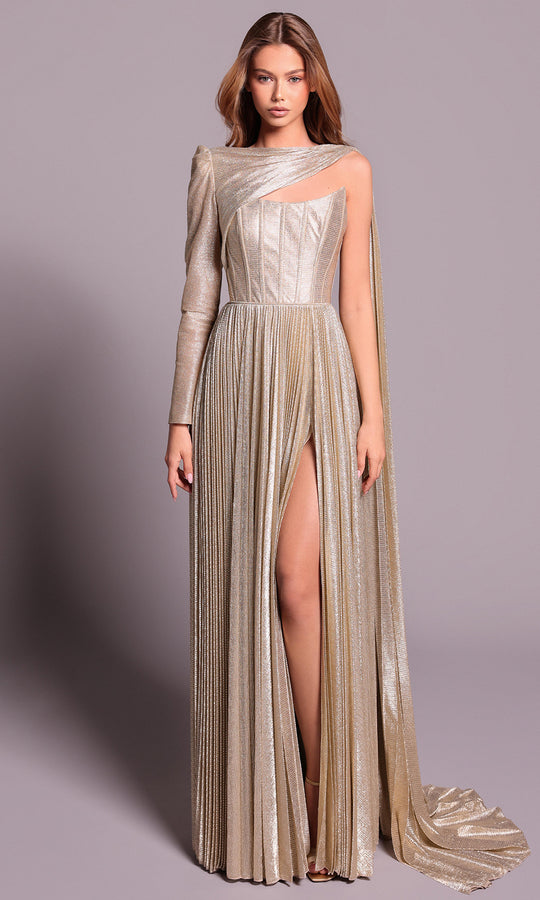 Tarik Ediz 99056 - Pleated Skirt Cape Sleeve Evening Dress