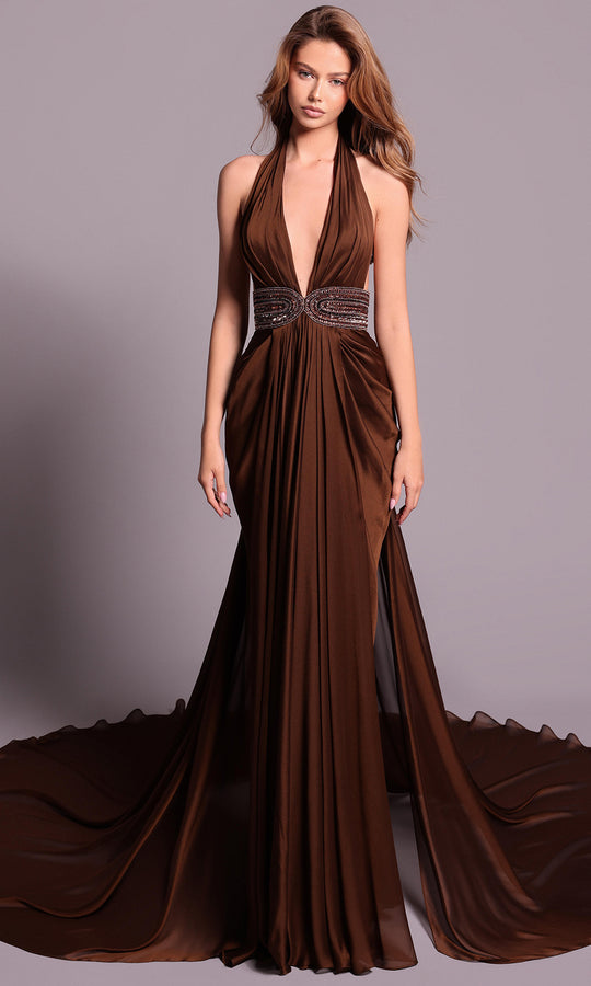 Tarik Ediz 99078 - Plunging Halter Chiffon Dress with Dramatic Train