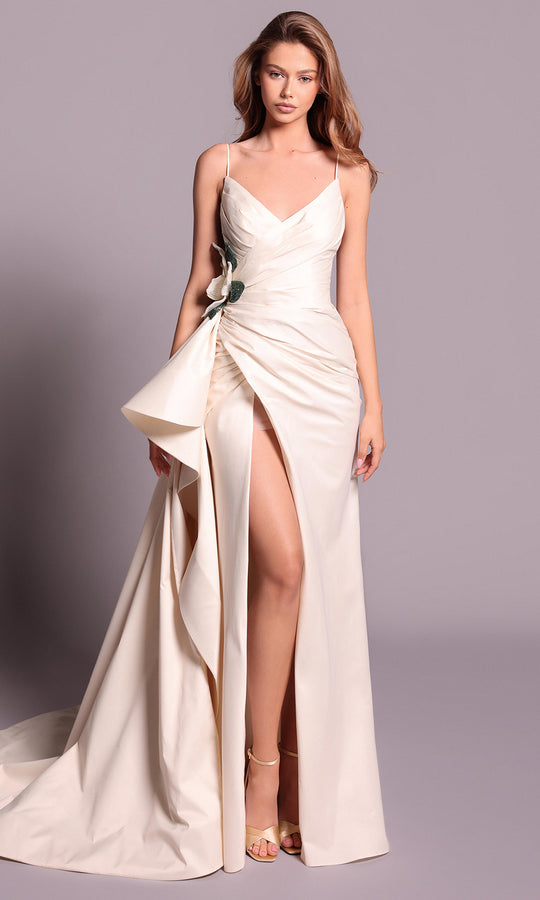 Tarik Ediz 99083 - Taffeta V-Neckline Gown with Floral Accent