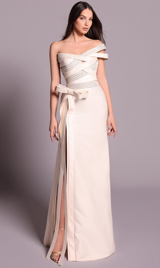 Tarik Ediz 99093 - Off Shoulder Bow Detail Long Dress