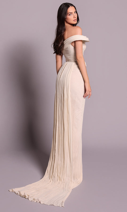 Tarik Ediz 99095 - Off Shoulder Crushed Chiffon Long Dress