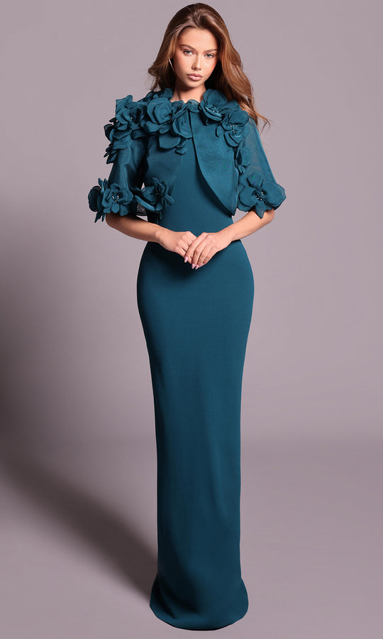 Tarik Ediz 99134 - High Neck Column Dress with Floral Details