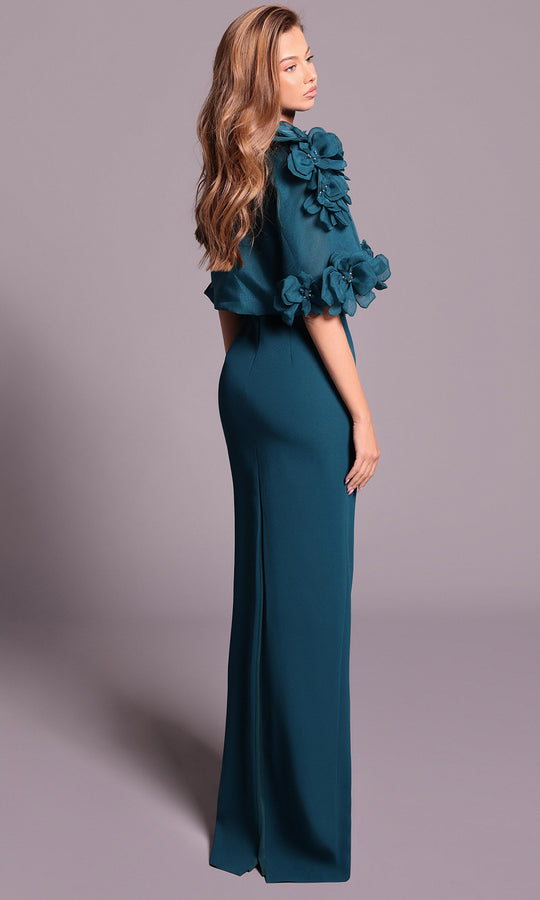 Tarik Ediz 99134 - High Neck Column Dress with Floral Details