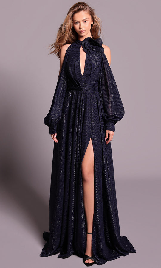 Tarik Ediz 99140 - High Neck Silky Woven A-line Dress