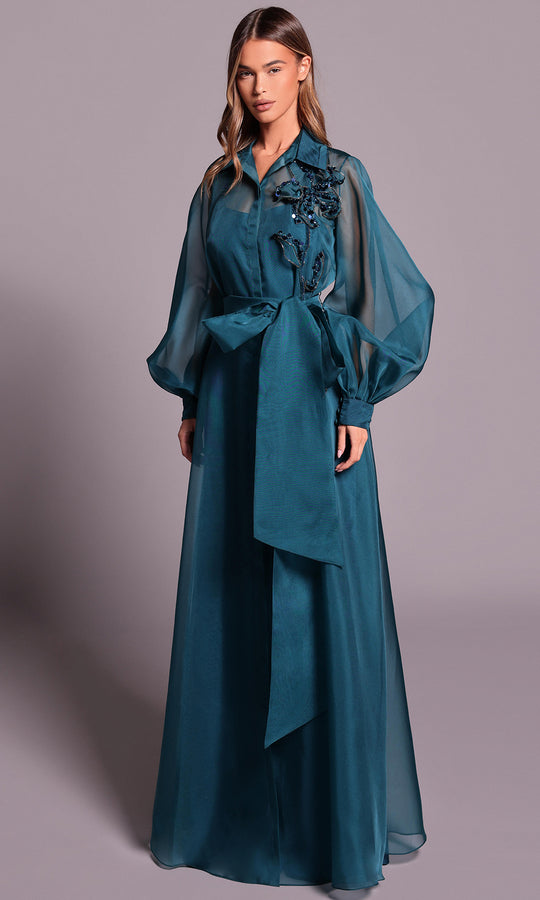 Tarik Ediz 99142 - Collared V-Neck Organza Evening Dress