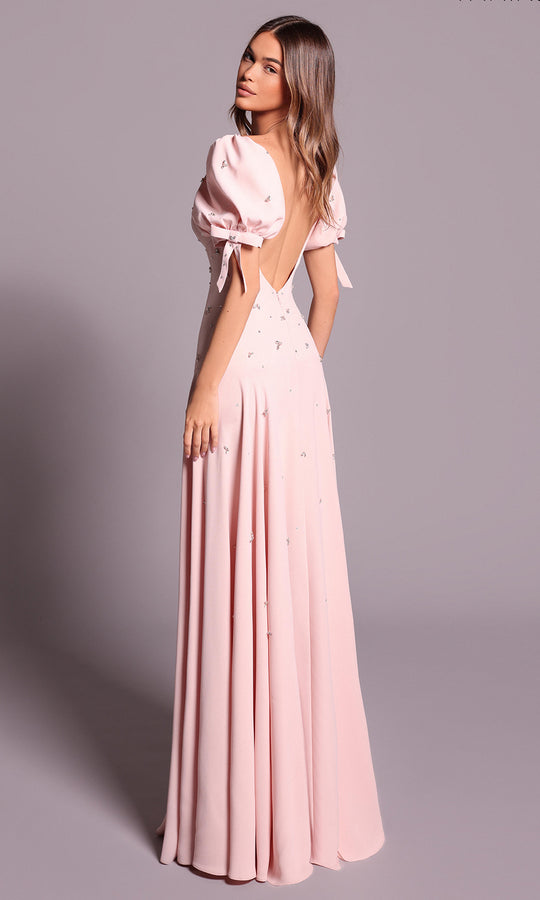 Tarik Ediz 99144 - Bow Puff Sleeve Beaded A-line Dress