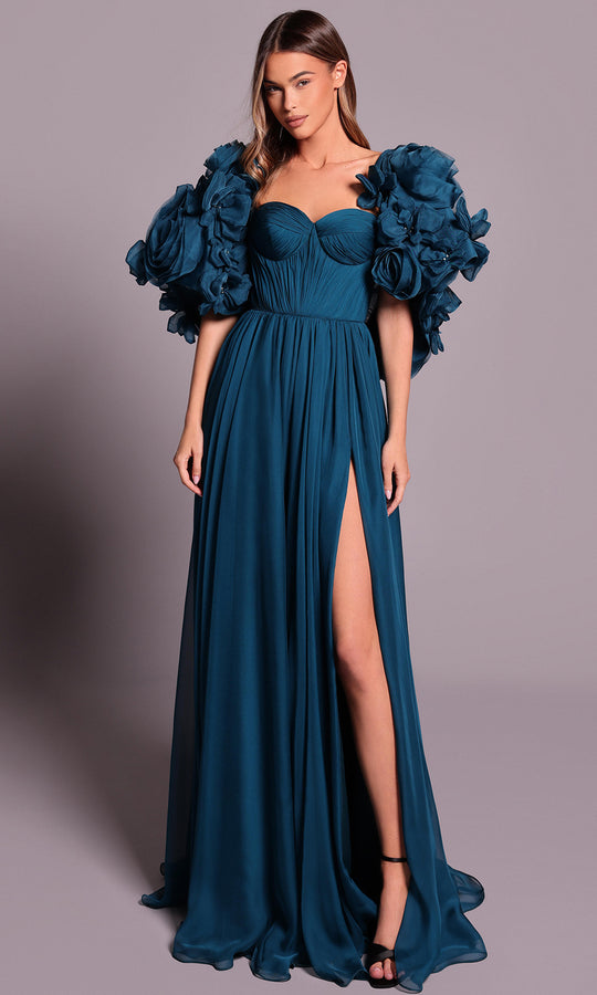 Tarik Ediz 99145 - Sweetheart Chiffon Dress with Floral Sleeves