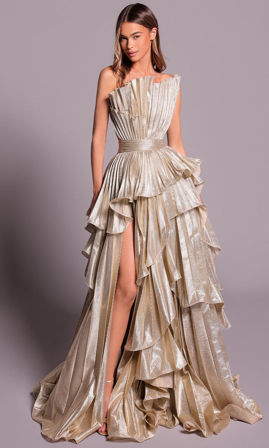 Tarik Ediz 99148 - Pleated Silky Foil Asymmetric Dress