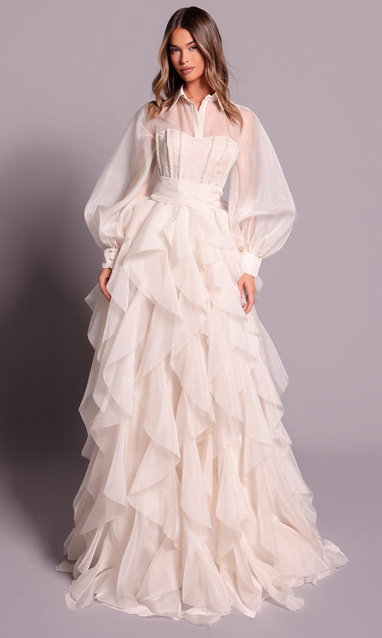 Tarik Ediz 99158 - Bishop Sleeve Ruffled Organza Gown