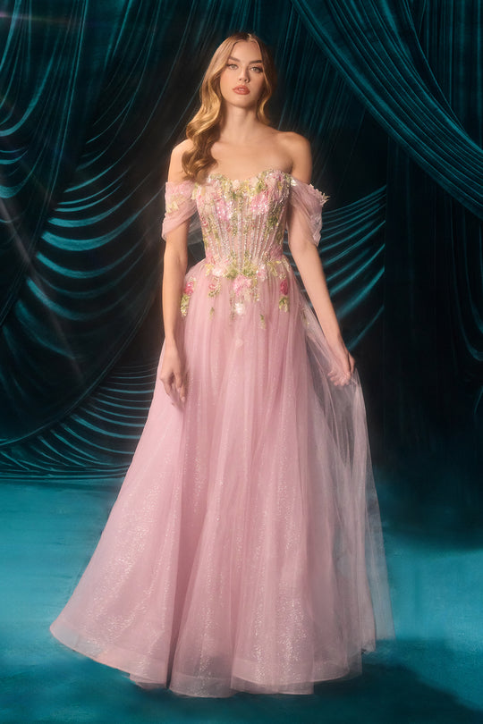 Andrea and Leo A1479 - Floral Glitter A-Line Prom Dress