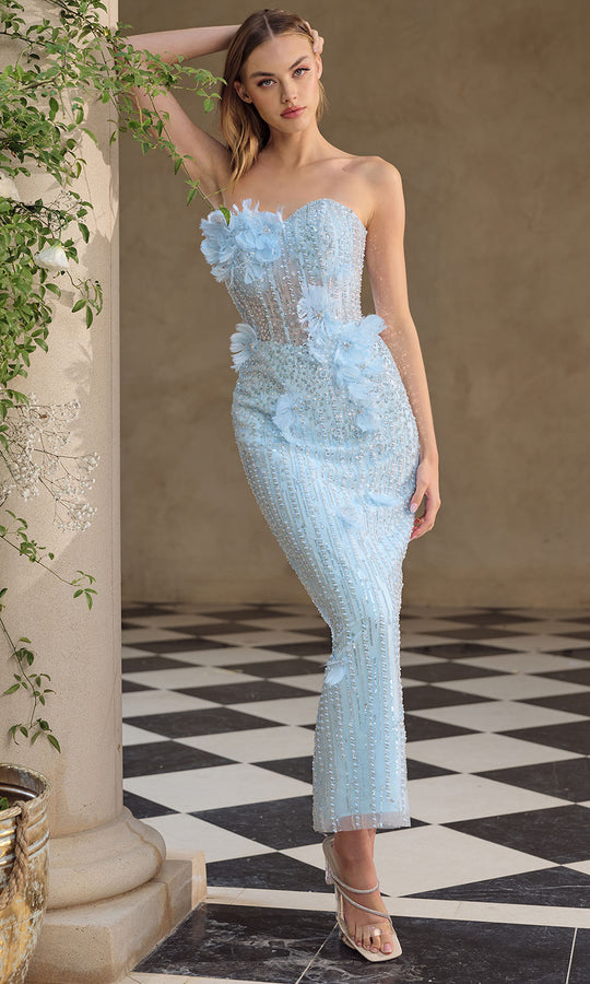 Andrea and Leo A1487 - Floral Applique Column Dress with Back Slit